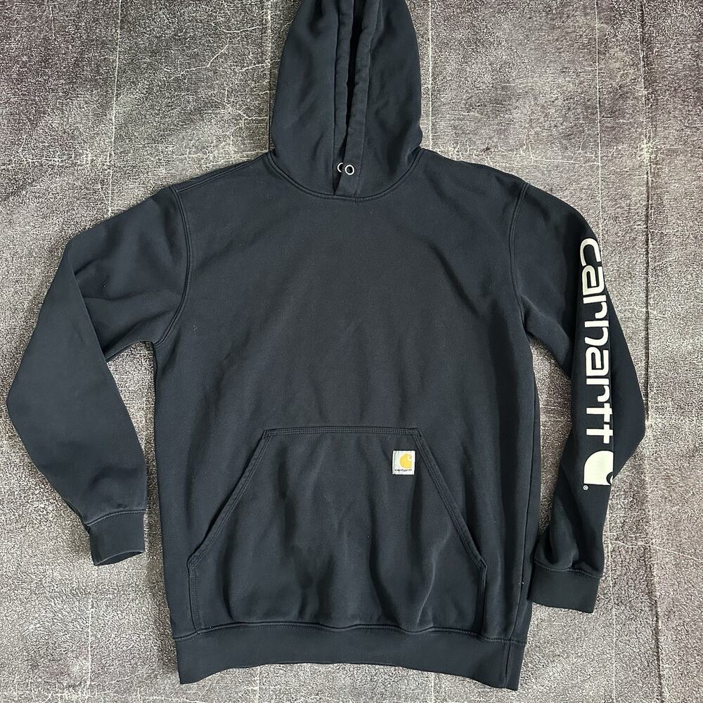 Mens Carhartt Midweight Navy Blue Spell Out Logo Pullover Hoodie Sweatshirt Sz M